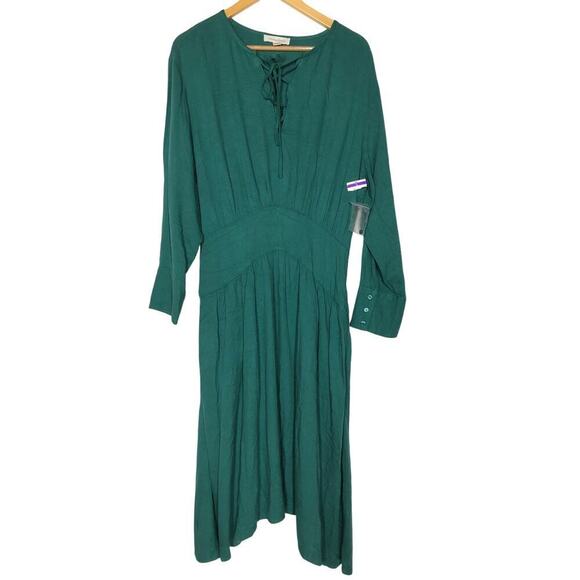 Treasure & Bond Dress Long Sleeve Lace-Up Neck Blouson Midi Green Heirloom M - Picture 2 of 7